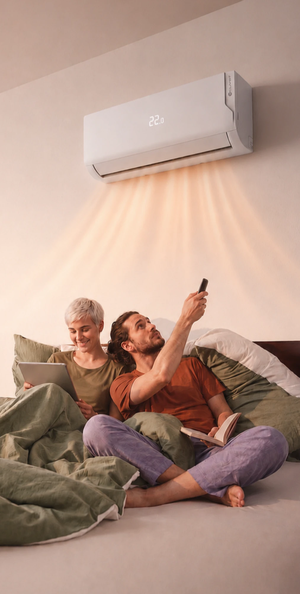A Bosch air conditioning unit on a living room wall above framed pictures