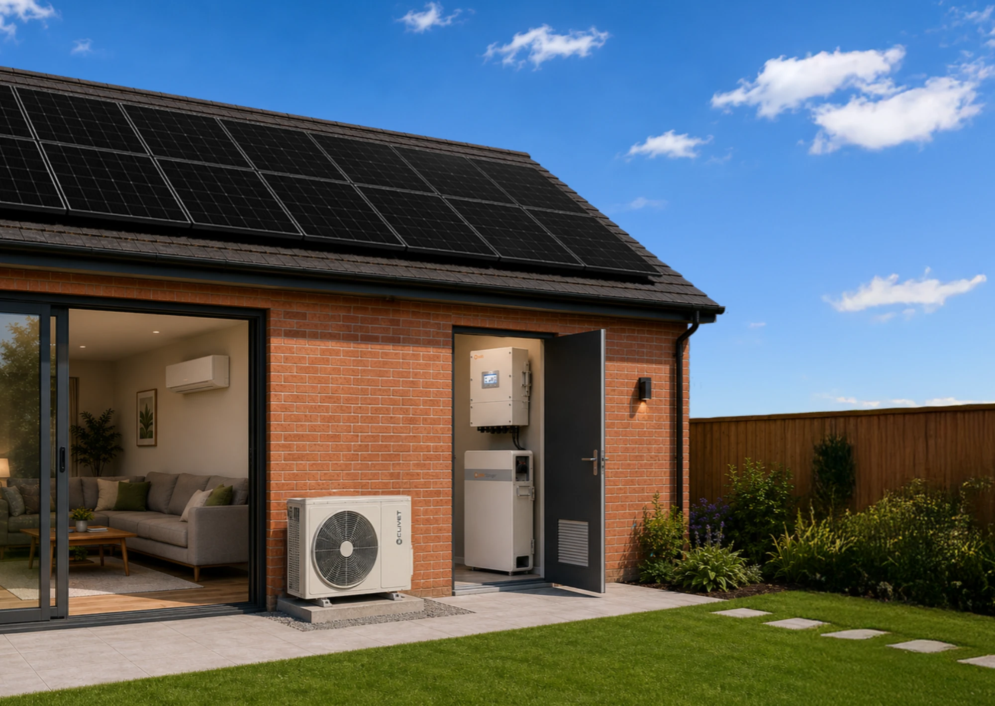 A Greenscape customer outside his brick home with a roof of black solar panels