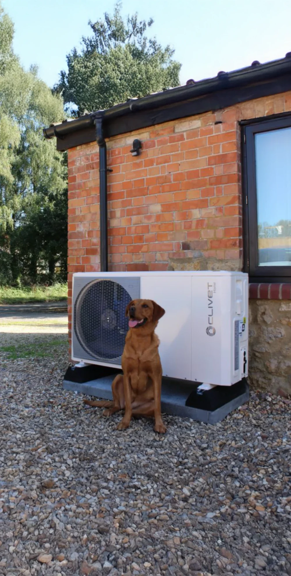 A Clivet heat pump on a farm building wall, with a Labrador sitting in front