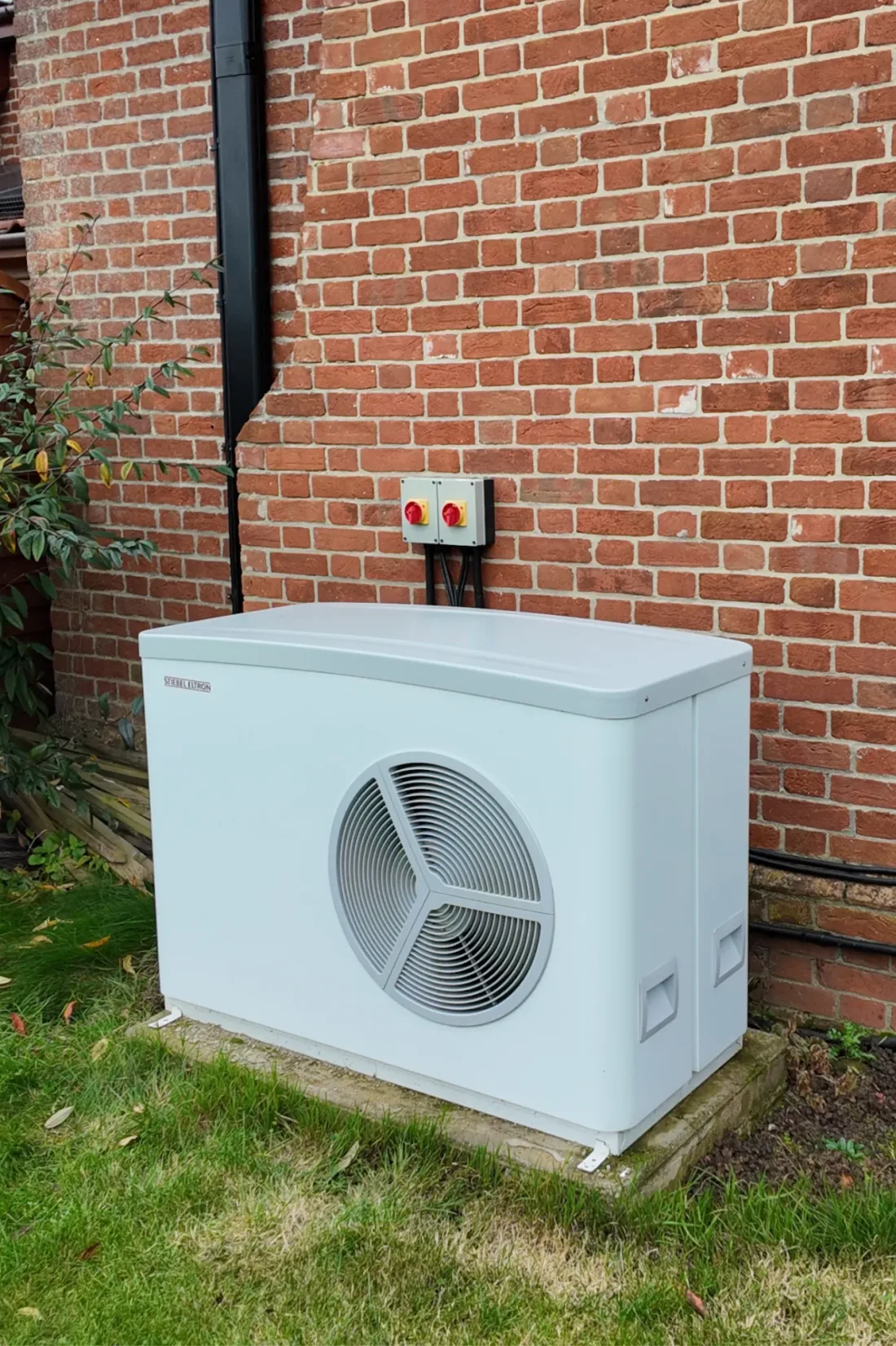 A Stiebel Eltron heat pump on a lawn against a red-brick wall, with two isolators above