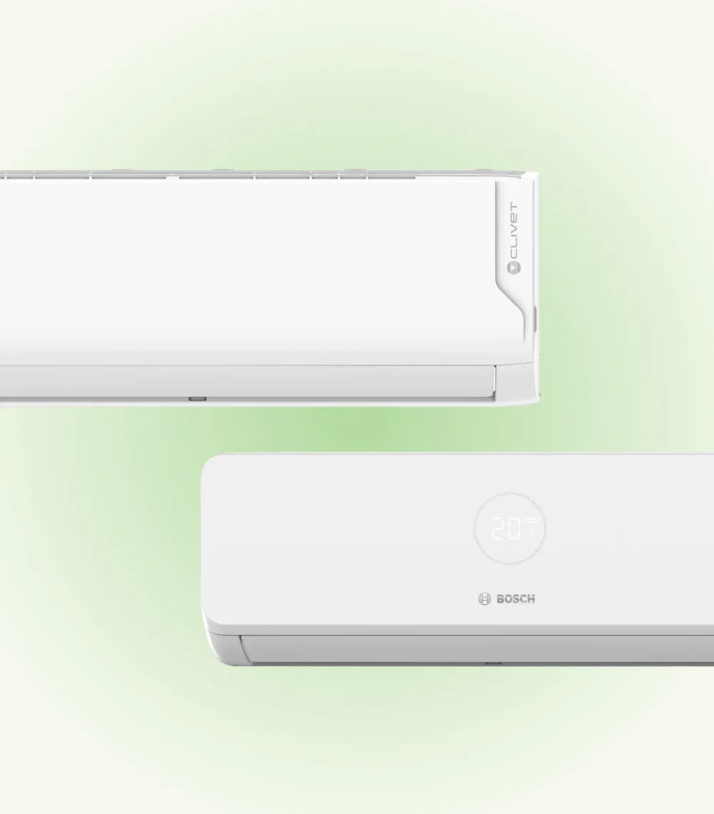 A Clivet and a Bosch wall unit side by side on a pale green background