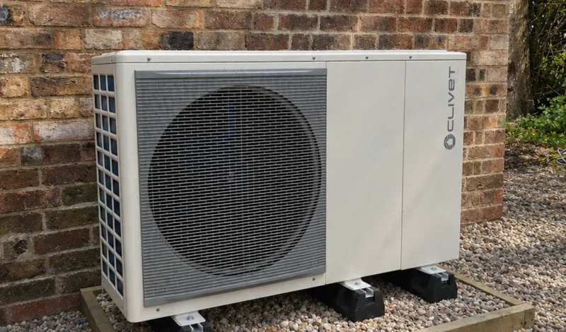 A Clivet heat pump on a gravel bed against a weathered brick wall