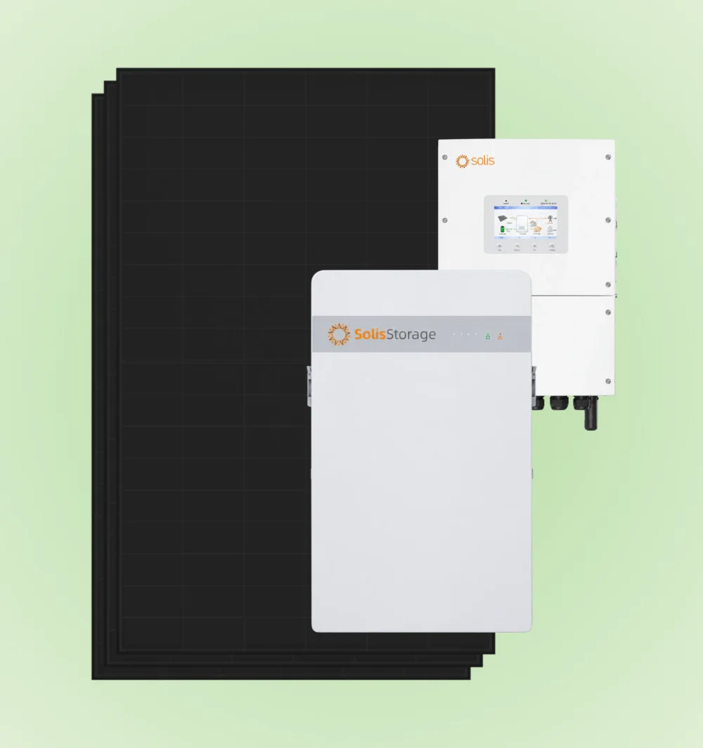 Three black solar panels behind a Solis Storage battery and Solis hybrid inverter on a soft green background