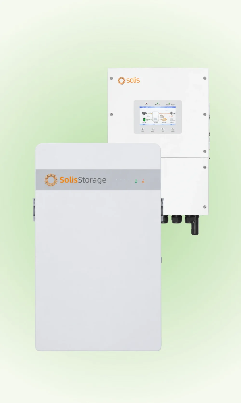 A Solis hybrid inverter above a Solis Storage battery on a soft green background