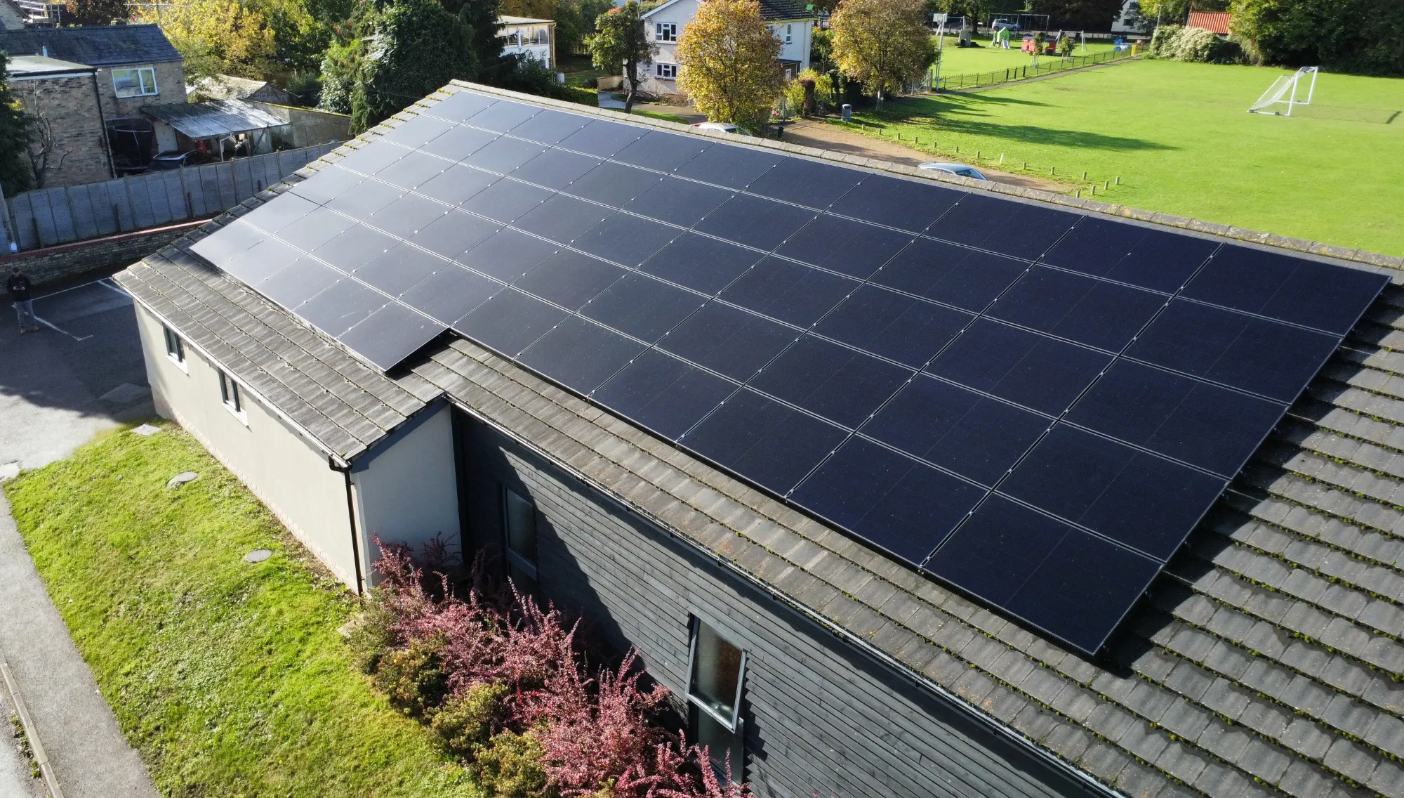 A business park with solar arrays on its unit roofs
