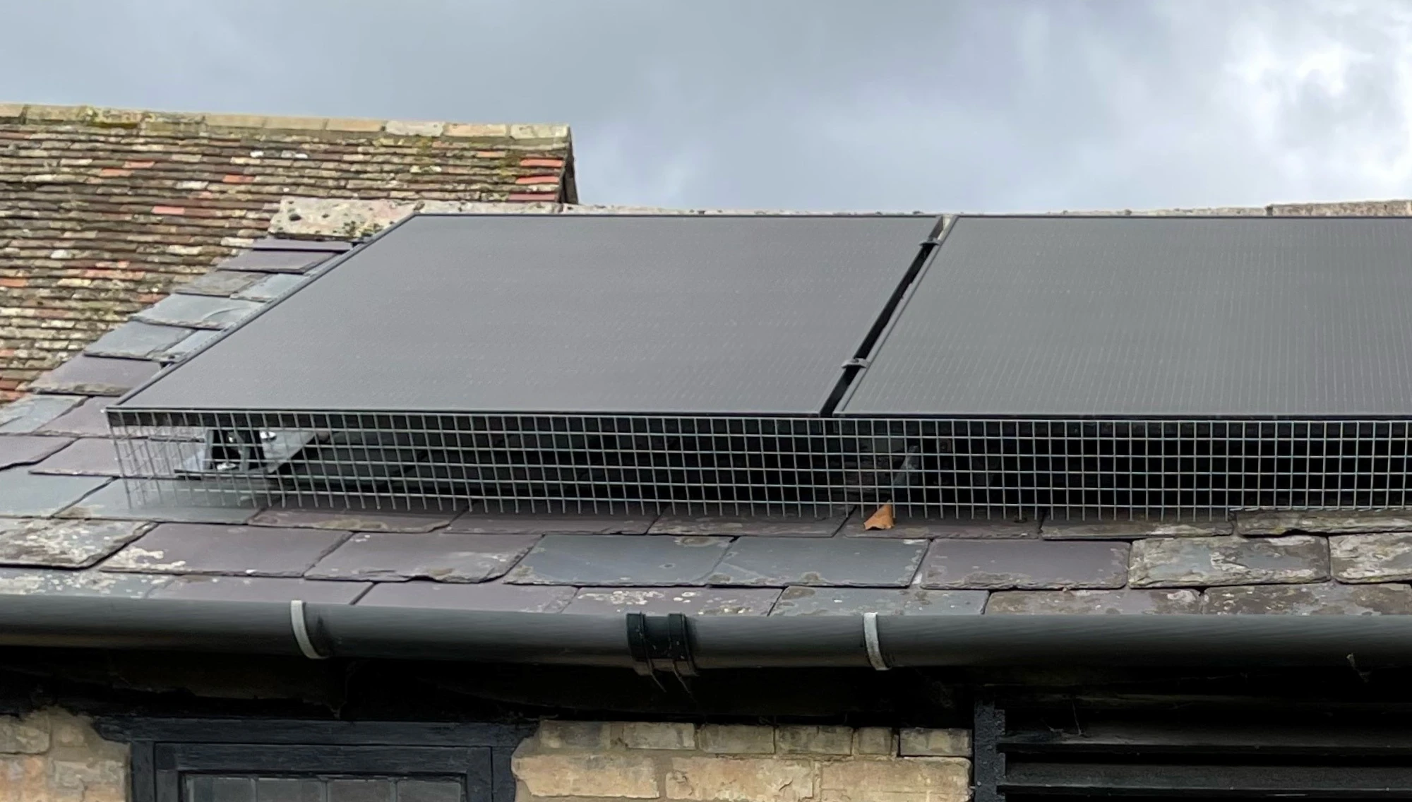 Two Greenscape installers working along a run of roof-mounted panels