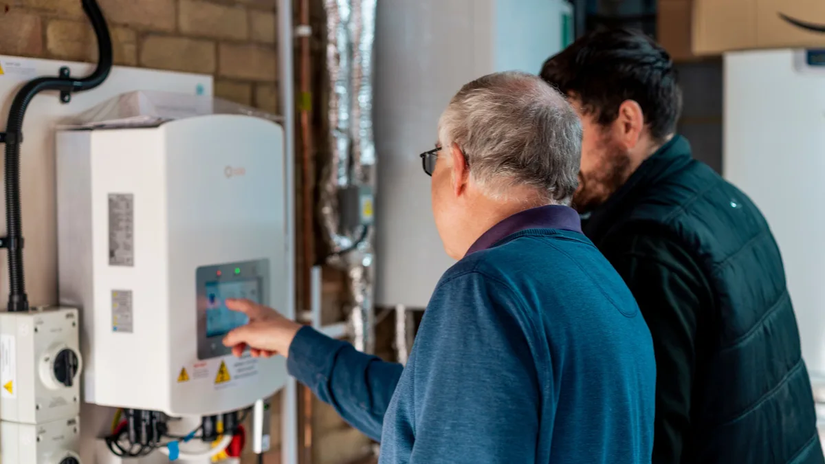 A Greenscape engineer showing a customer their inverter