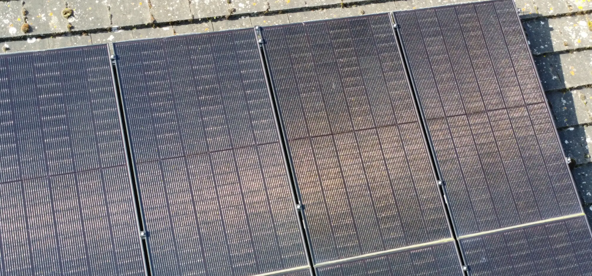 A close-up run of solar panels across a roof