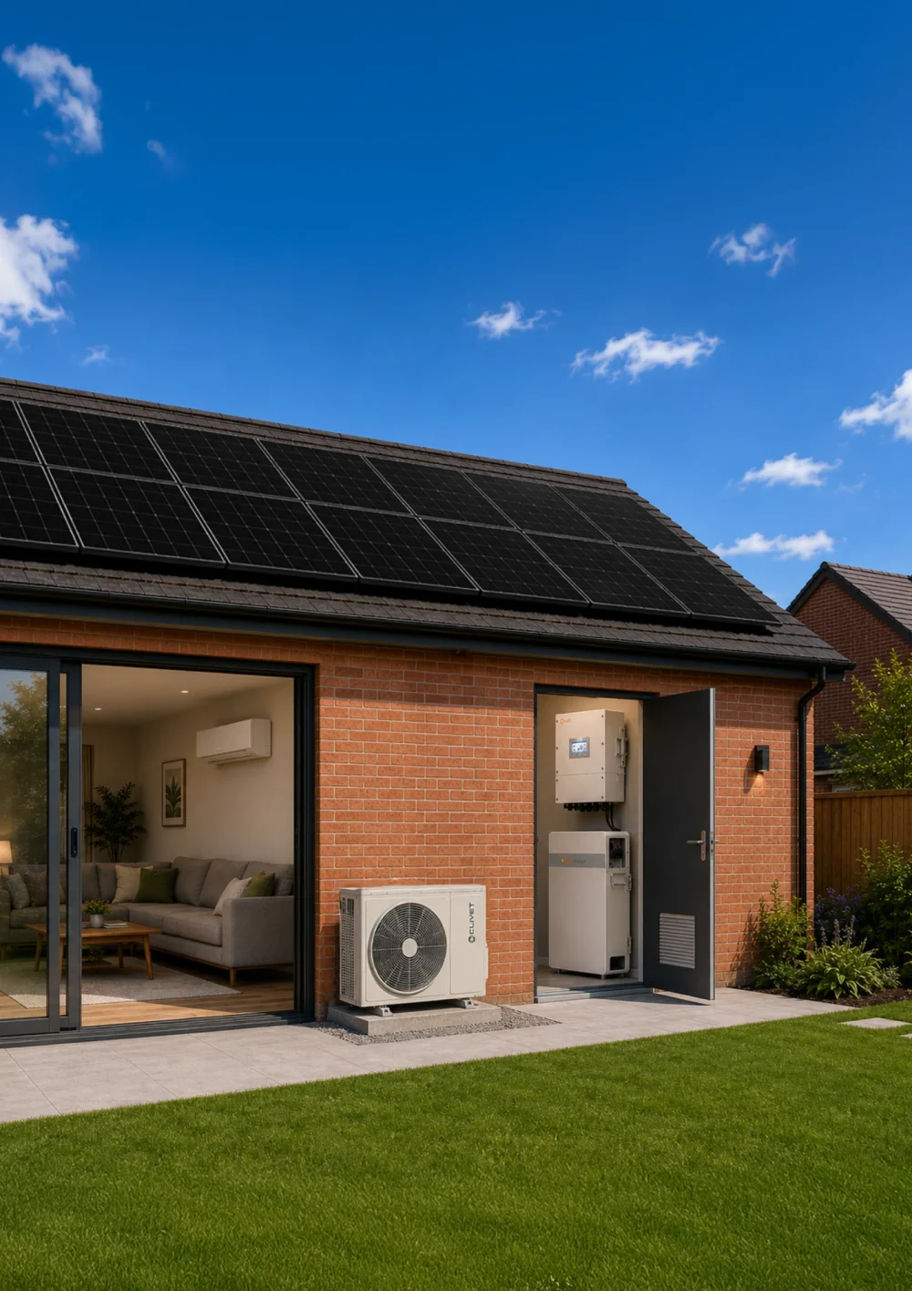 A brick house with solar panels, a Clivet outdoor unit, an inverter and a battery