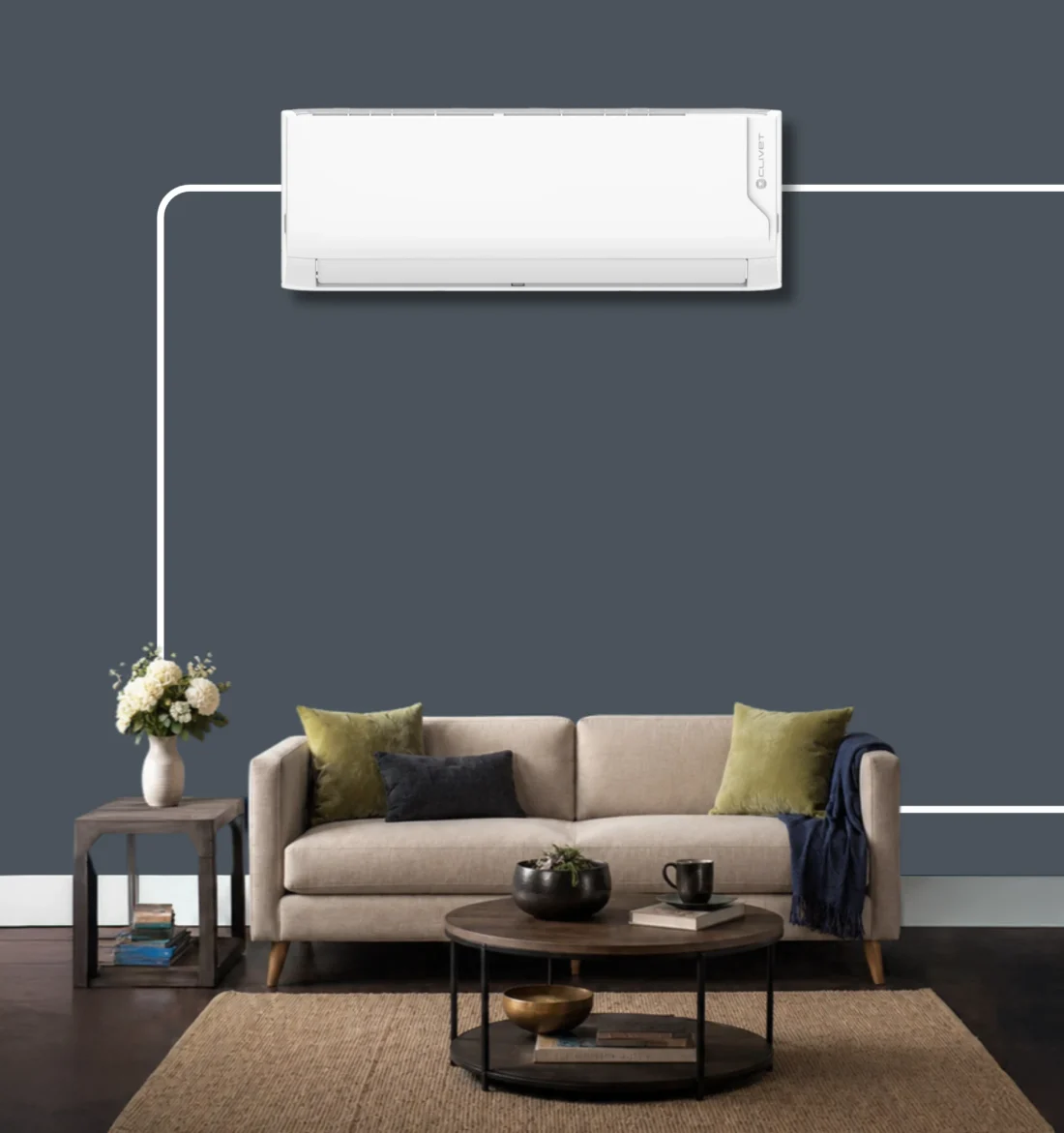 A Clivet wall unit above a sofa in a living room with a slate-grey wall